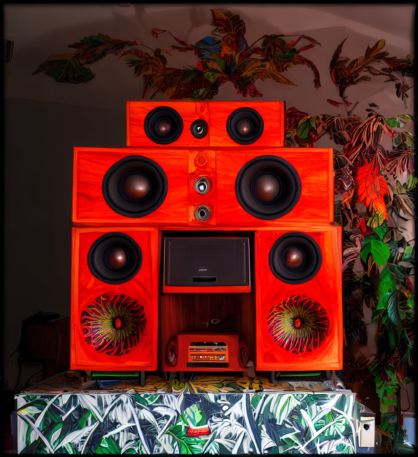 Vivid and Colorful Audio Setup with Red and Black Speakers in Graffiti Art Setting