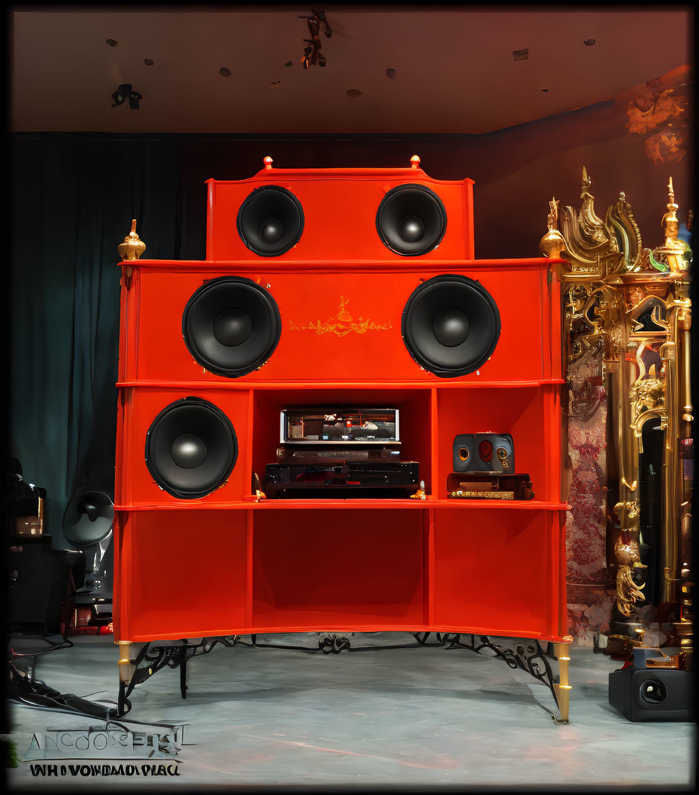 Luxurious Room with Vibrant Red Audiophile Hi-Fi Stereo System