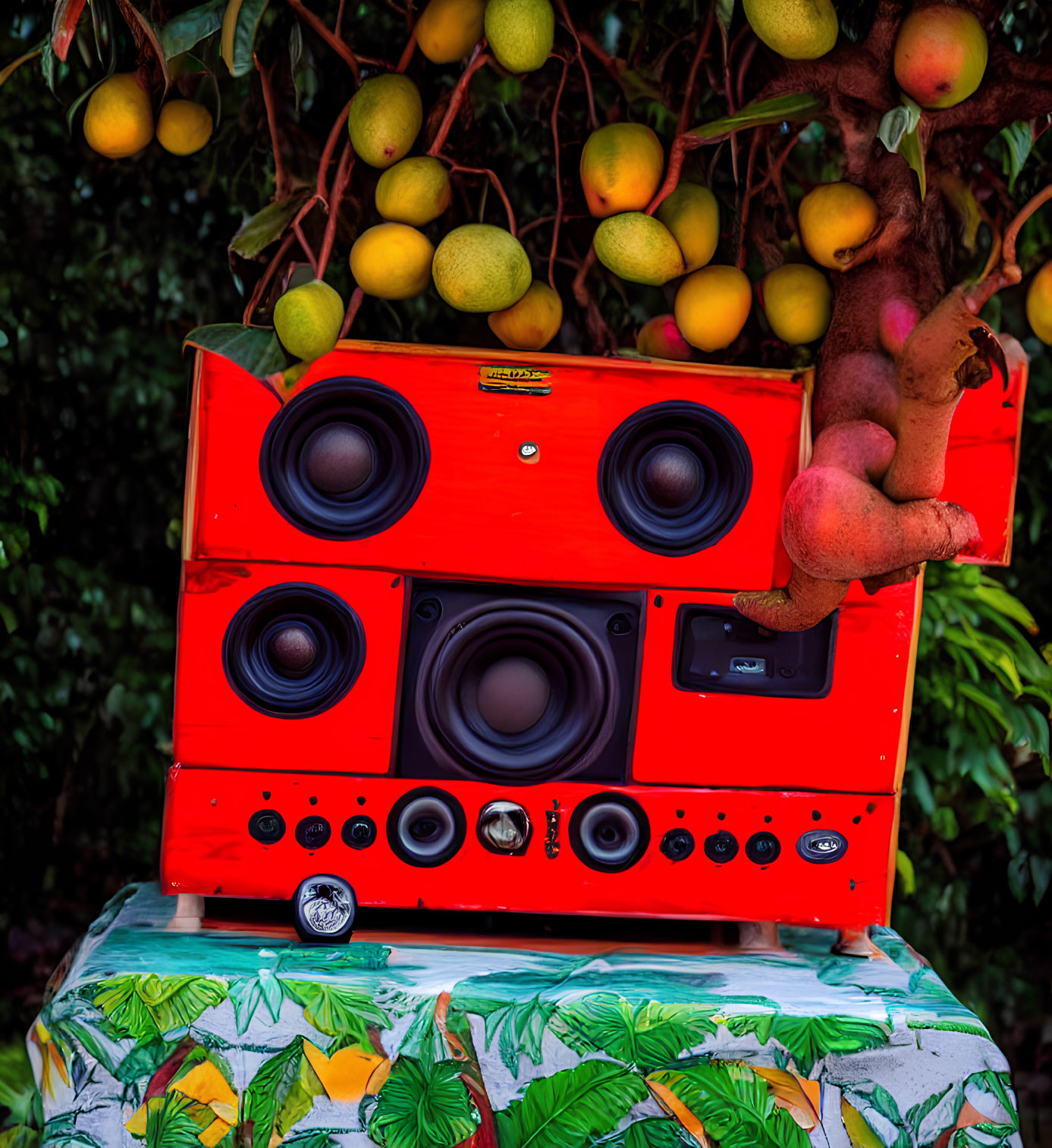 Colorful Boombox with Multiple Speakers on Tropical Print Table