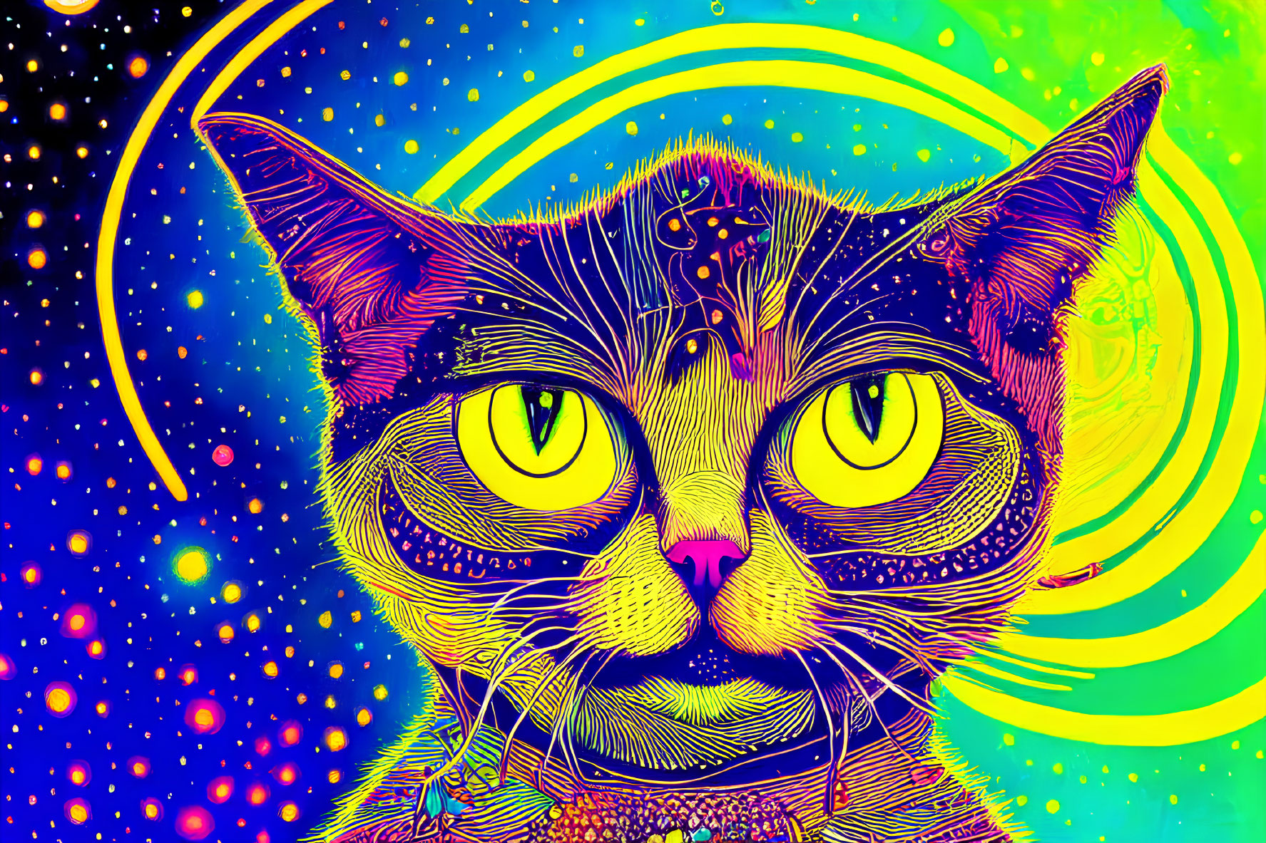 Colorful Psychedelic Cat Art with Yellow Eyes and Cosmic Background