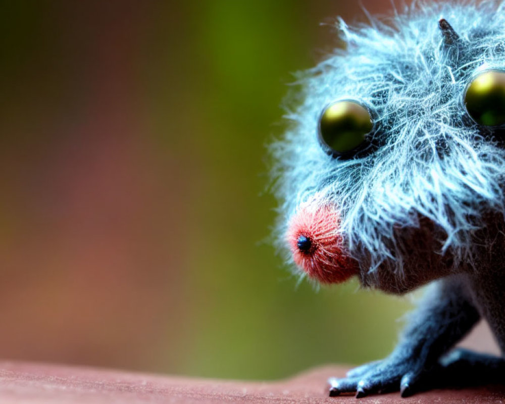 Fuzzy blue toy with large yellow eyes and small orange nose on blurred background