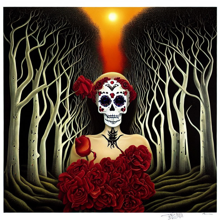 Stylized skull with intricate face paint and red roses in dark forest scenery