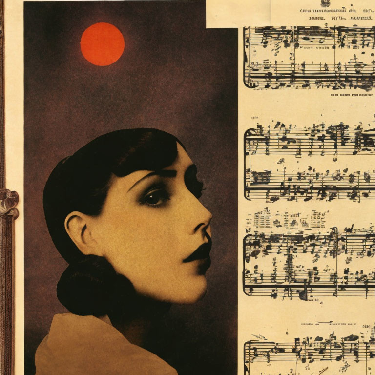 Vintage woman profile with red circle above on musical notes background