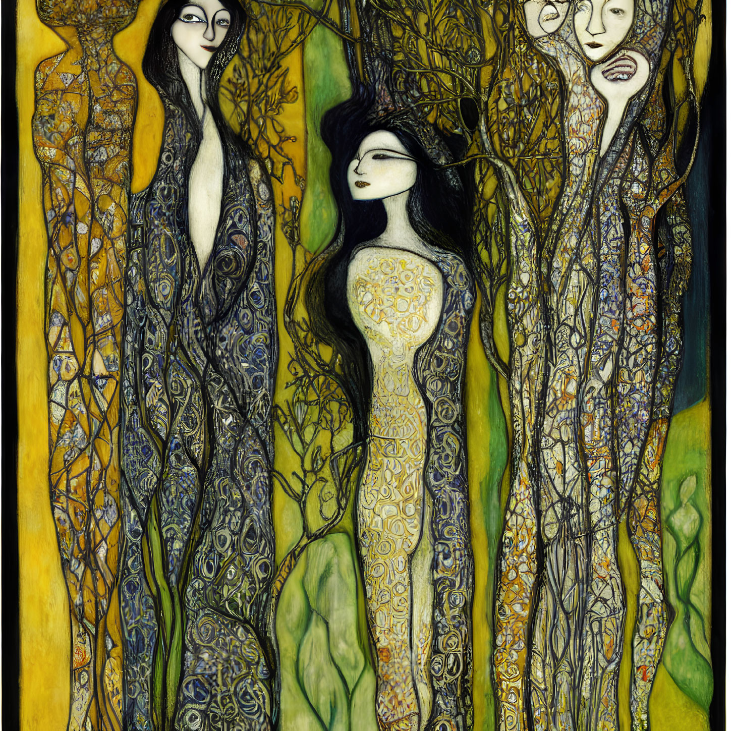 Elongated Female Figures in Art Nouveau Style Painting