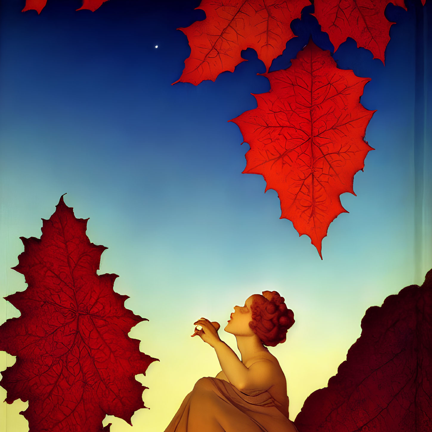 Woman in flowing dress gazes at sky transitioning from golden yellow to deep blue with red maple leaves.