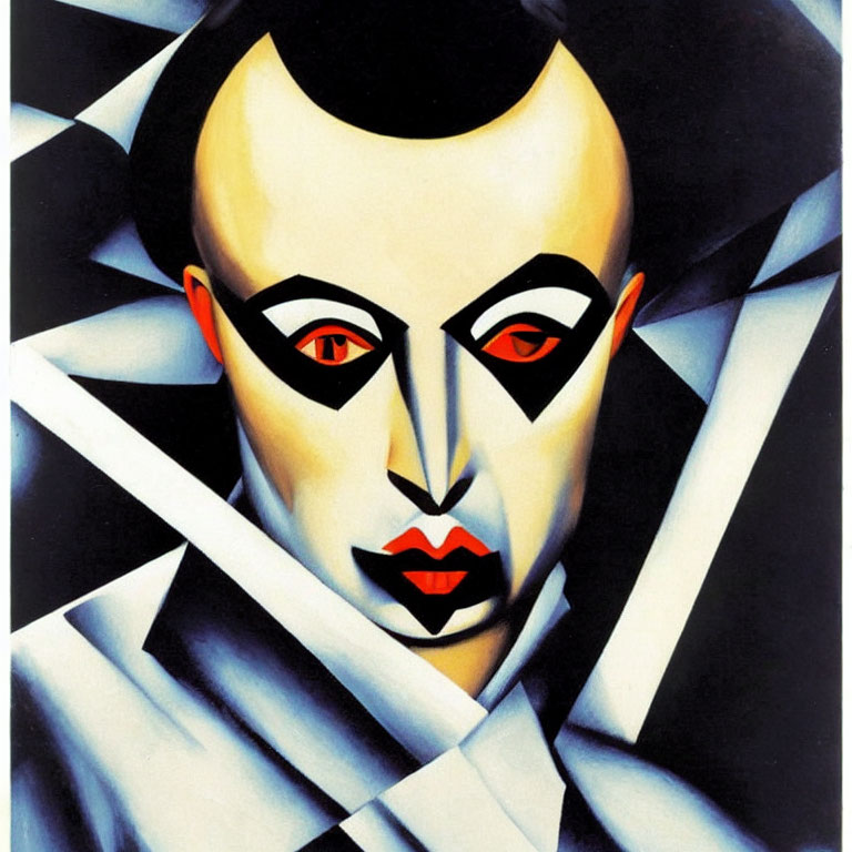 Geometric portrait with pale face, red eyes, black hair, red lips, and white collar