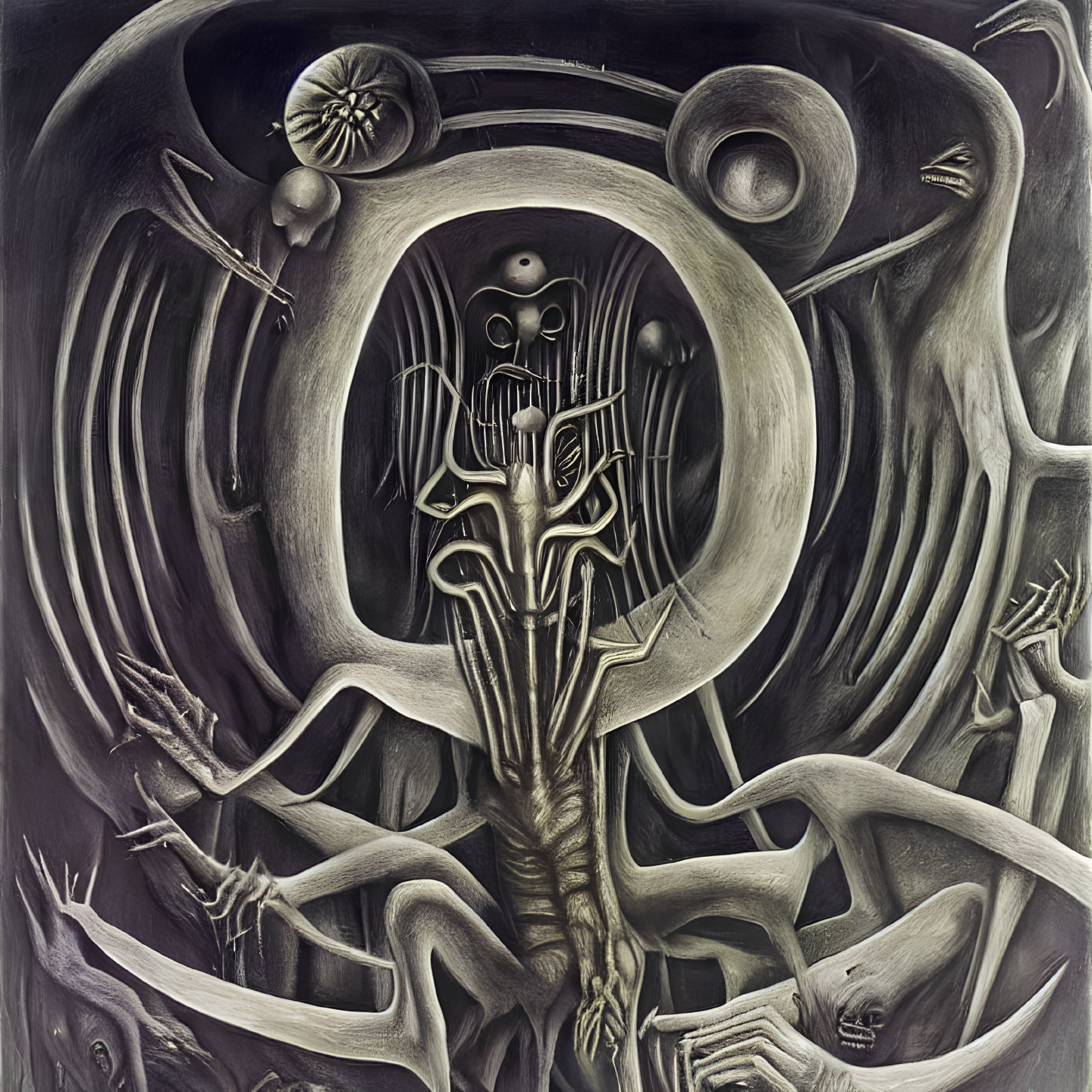 Surrealistic Painting: Skeletal Figures, Abstract Forms, and Humanoid Creature in Eerie
