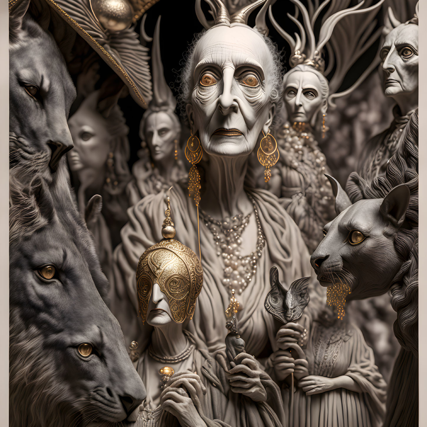 Monochromatic artwork with elderly figure, wolves, and enigmatic characters