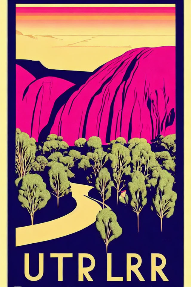 Stylized graphic poster with winding road in pink and yellow landscape