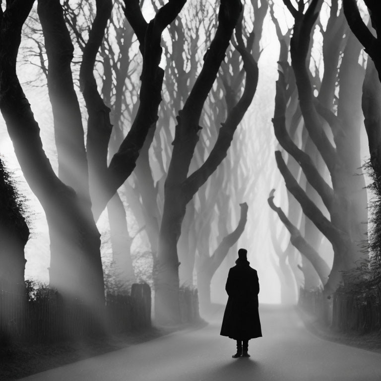Misty road with lone figure and tall trees
