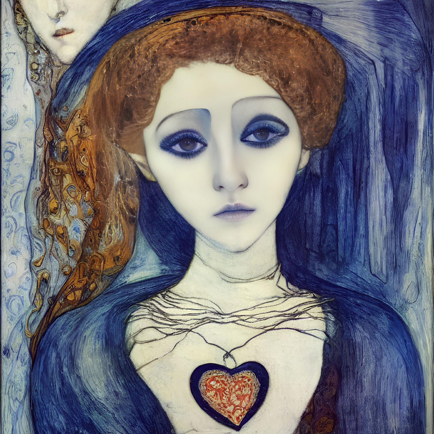Portrait of a Woman with Blue Eyes and Red Heart in Intricate Surroundings