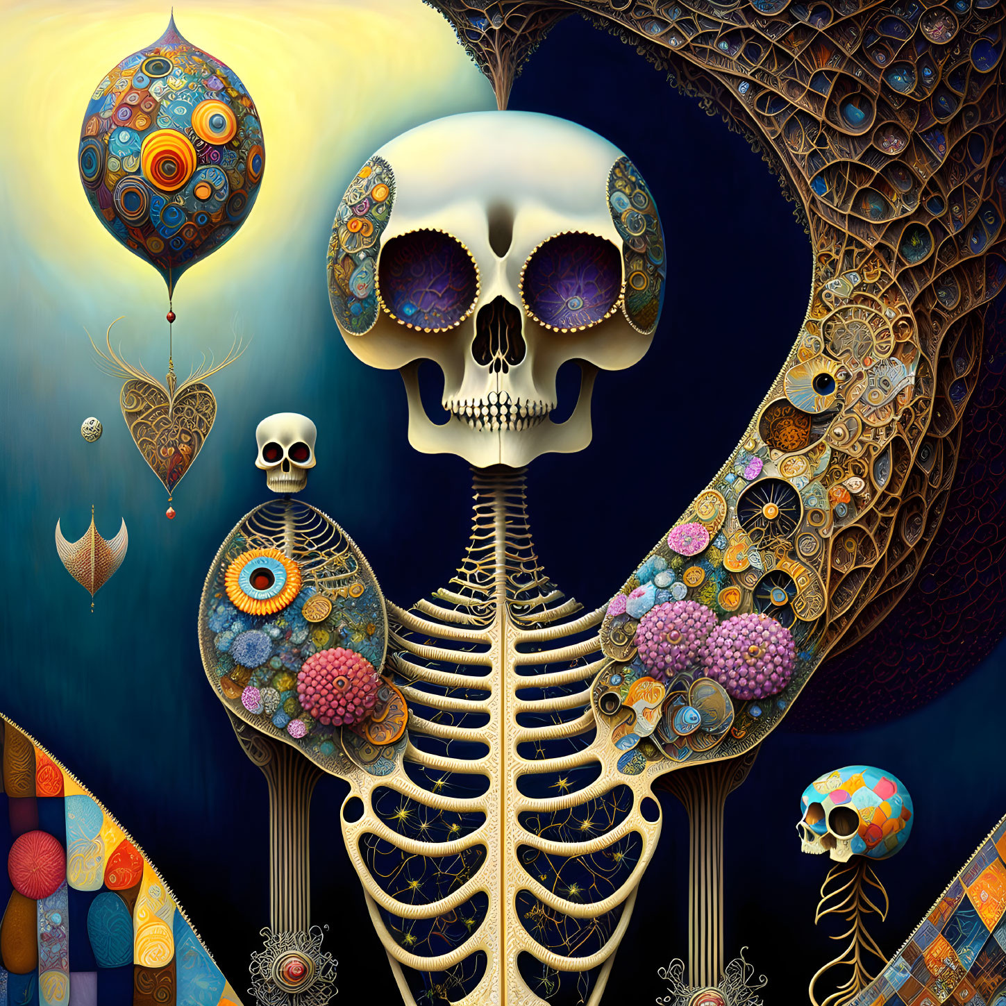 Colorful Artwork: Large Skull, Small Skulls, and Skeletons Amidst Ornaments