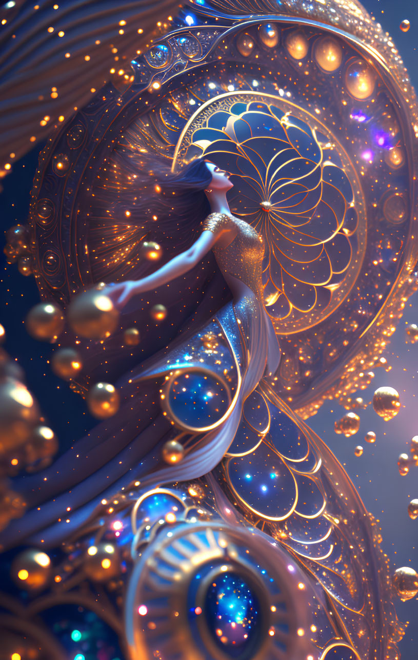 Surreal woman illustration with flowing hair and golden patterns