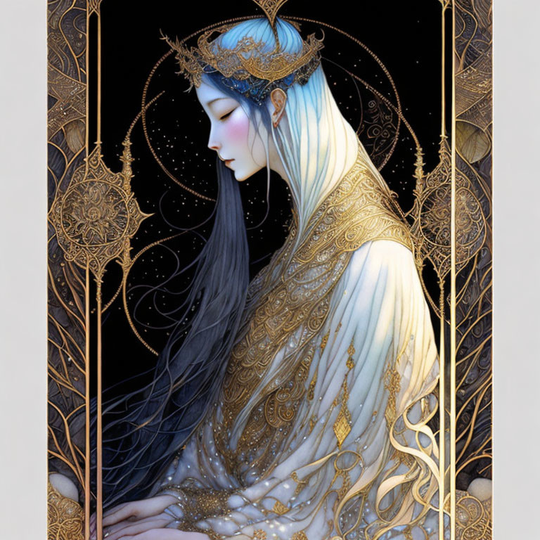 Ethereal illustration of woman with long hair and golden headdress against starry backdrop