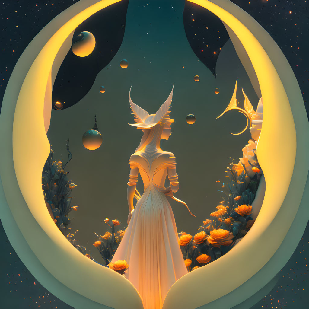 Surreal elfin figure in crescent moon frame with orbs and celestial bodies