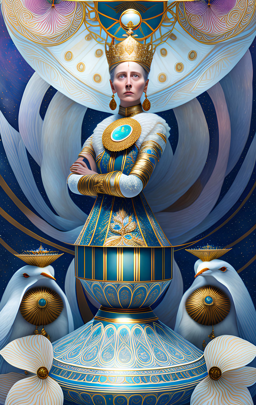 Regal figure in Egyptian attire with gold and blue, surrounded by white birds on cosmic backdrop