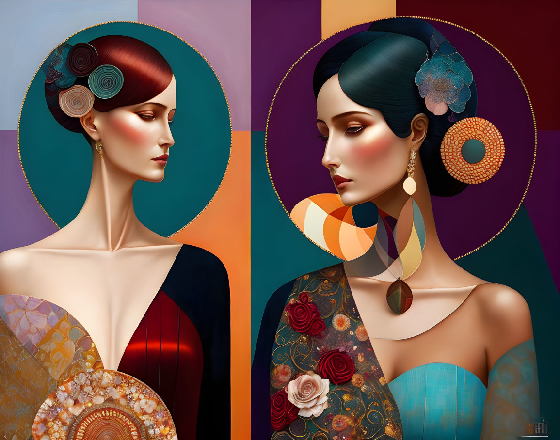 Stylized portraits of women with elaborate hairstyles and decorative backgrounds