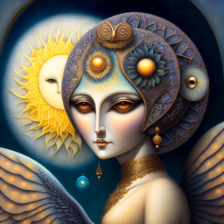 Winged woman with sun and moon motifs in celestial painting