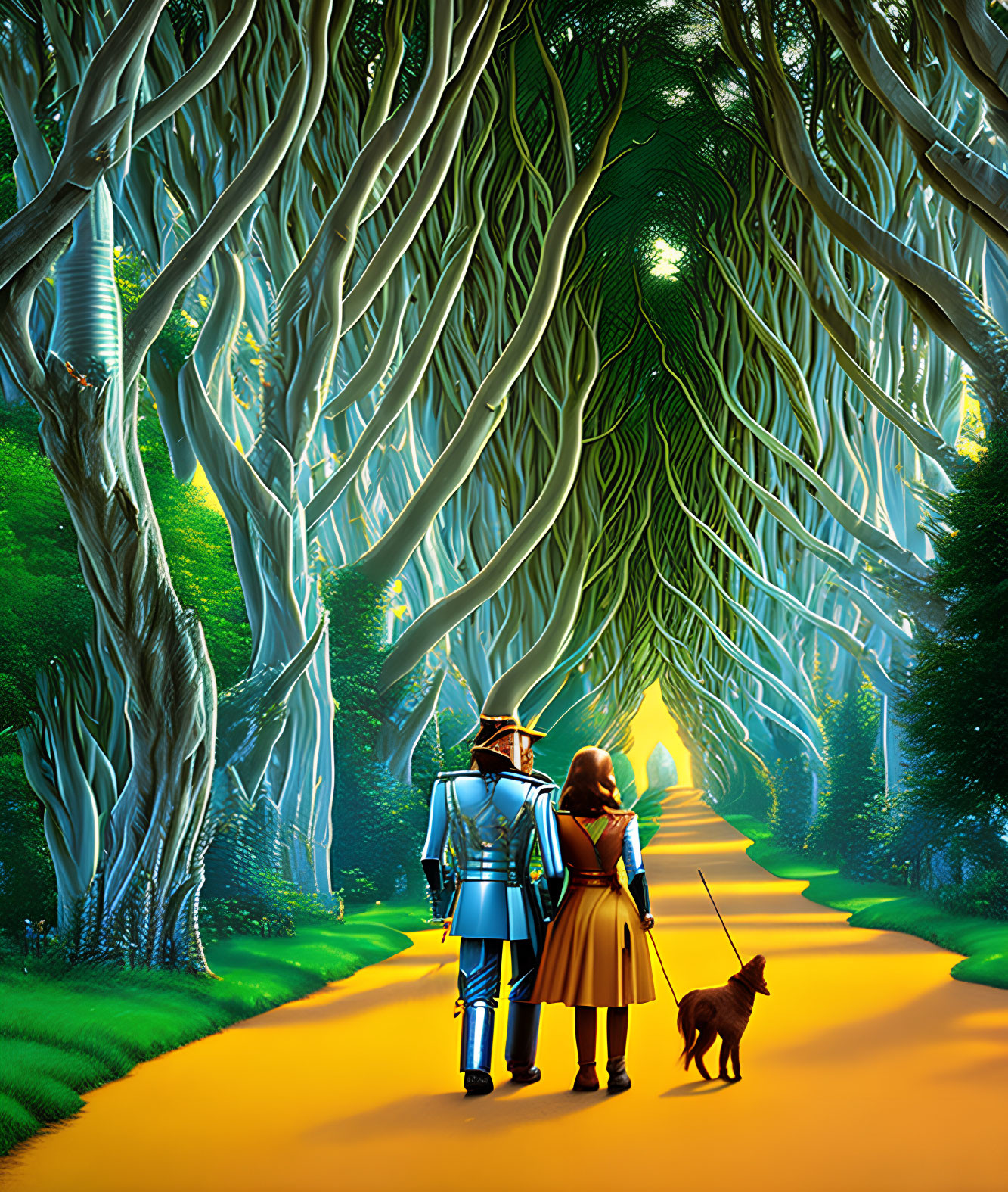 Man in tin armor and girl with small dog on yellow brick road in enchanted forest