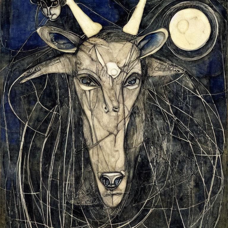 Mystical goat head with third eye and horns on moonlit backdrop