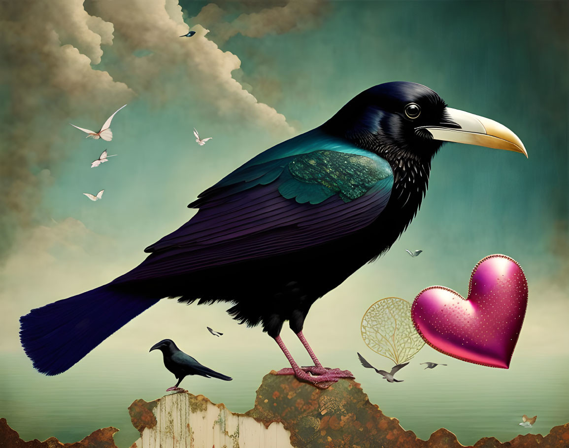Surreal image: Large raven with iridescent feathers on rock, smaller bird, hearts