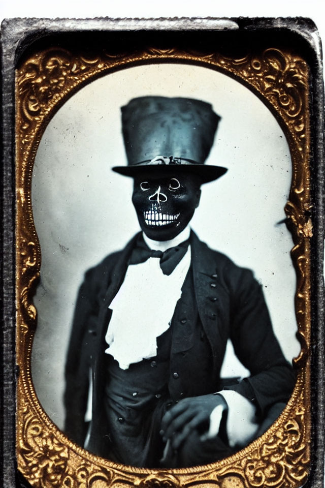 Person with skull face paint in vintage-style attire and top hat. Gothic aesthetic.