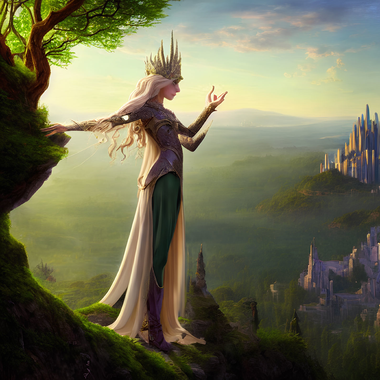 Ethereal elf queen in ornate armor on cliff with fantasy landscape