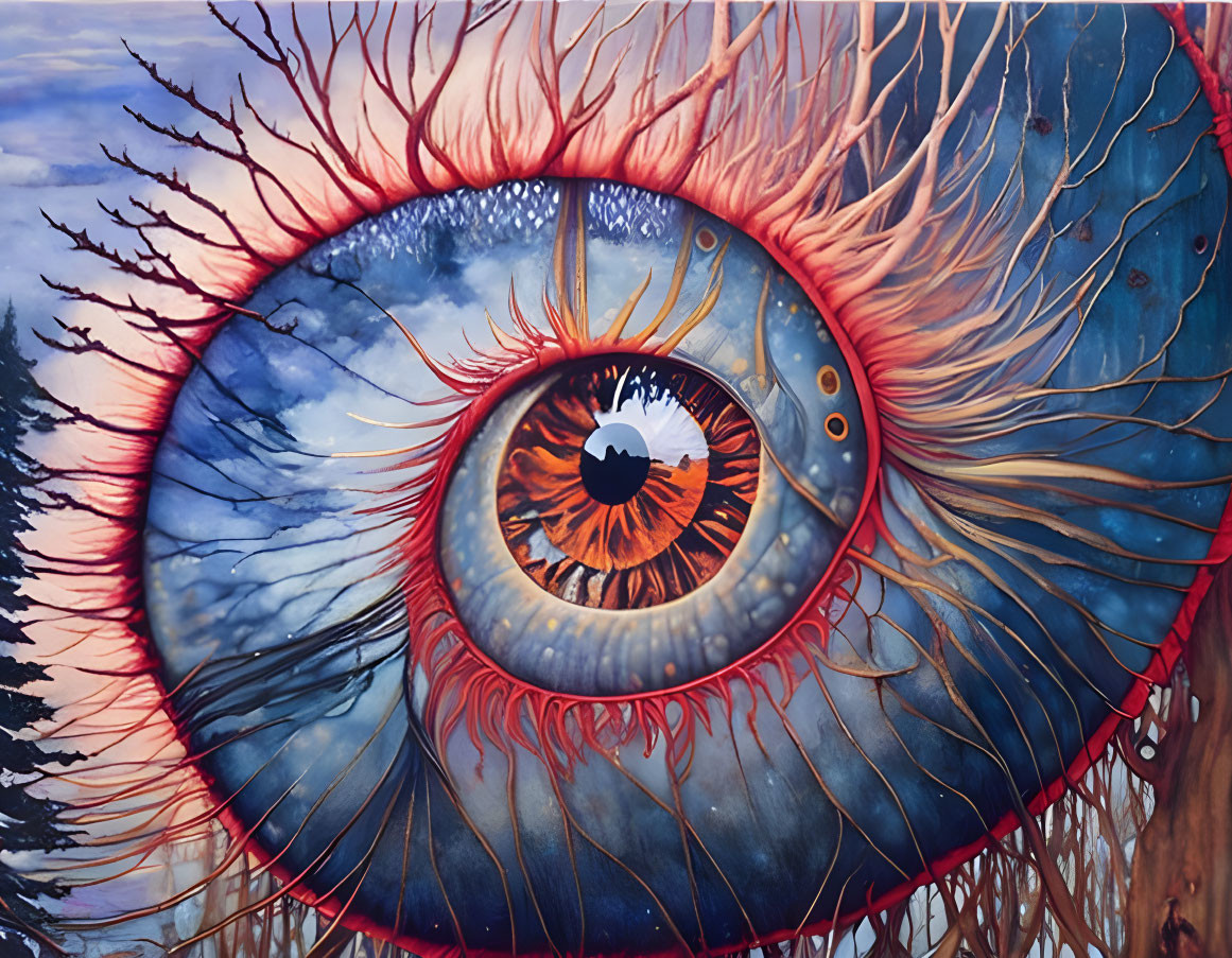 Detailed painting of human eye with orange and red veins on surreal cloudy sky background