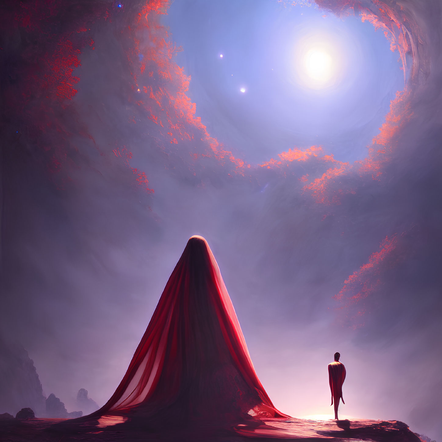 Solitary figure before majestic red mountain under swirling purple sky