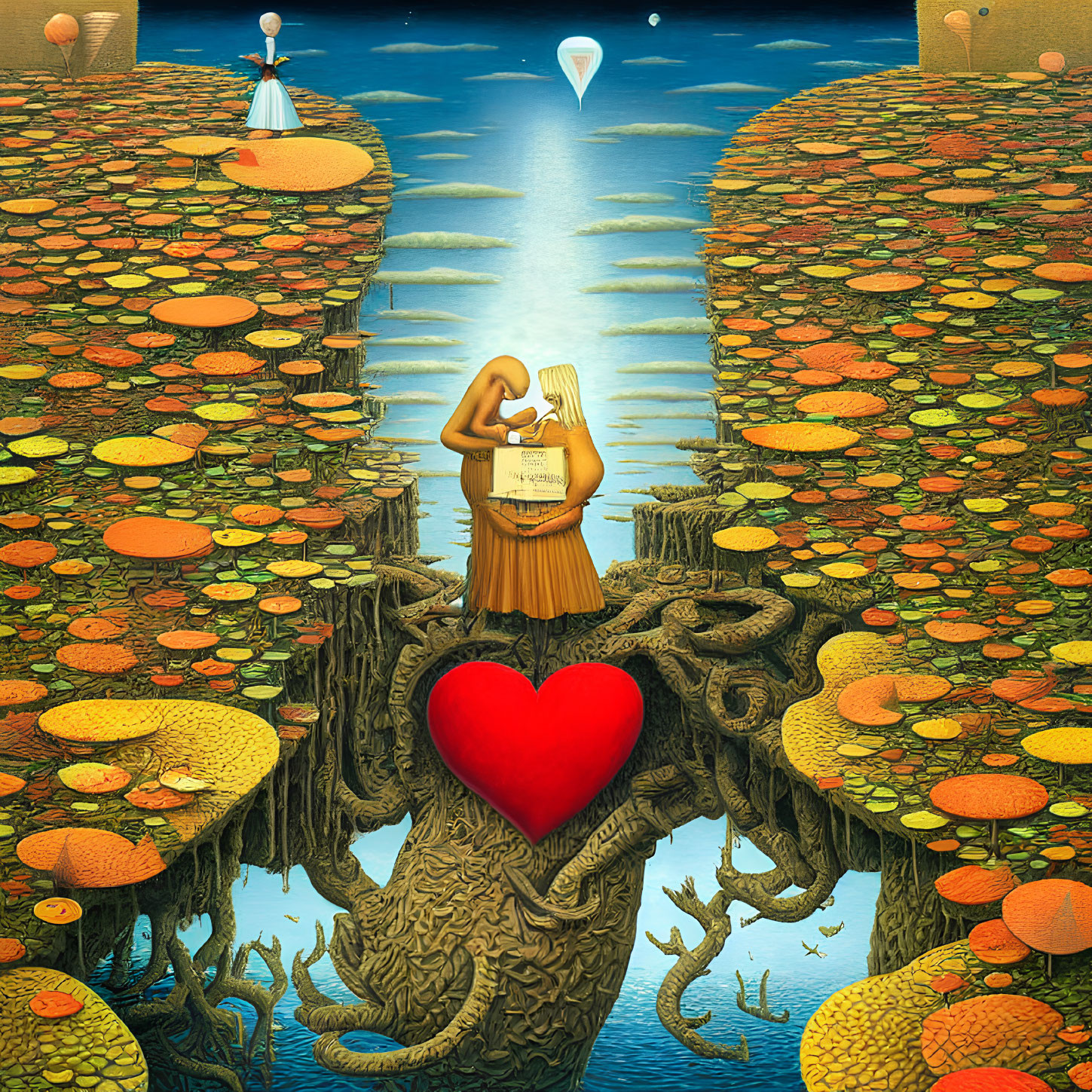 Surreal artwork: Heart-shaped tree, woman reading, lily pads, figures on cliffs