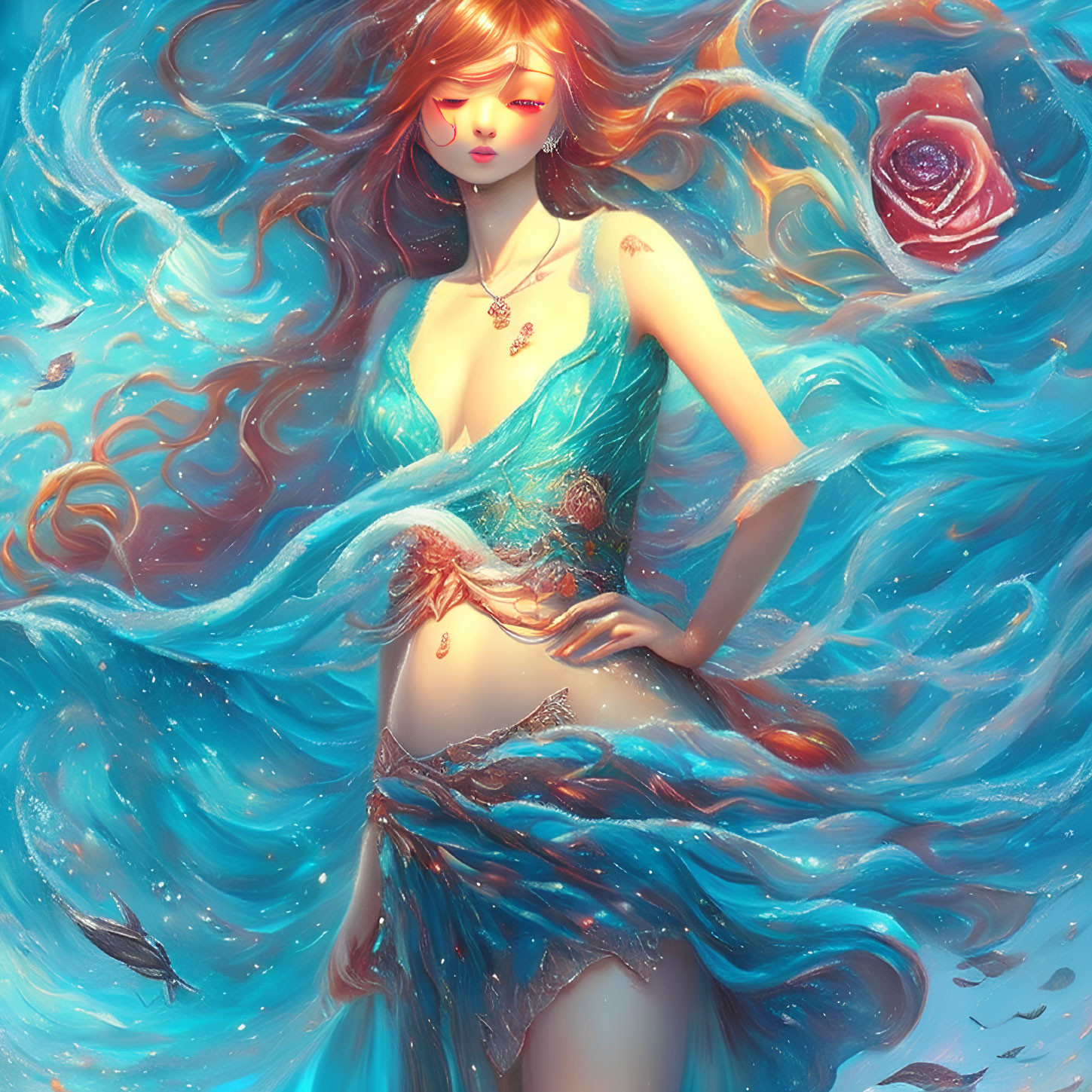 Ethereal woman with turquoise hair in sea-themed dress amid swirling ocean backdrop
