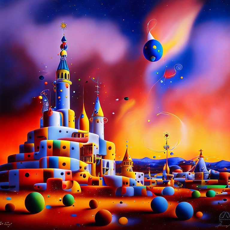Whimsical painting of colorful castle under twilight sky