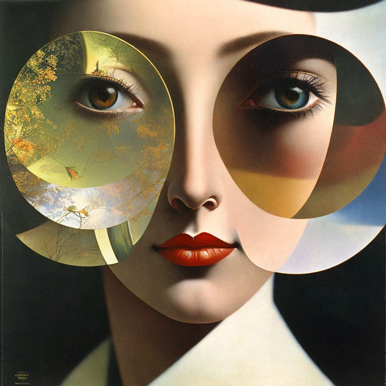 Surreal Artwork: Woman's Face with Geometrical Eye Shapes, Nature & Abstract Elements