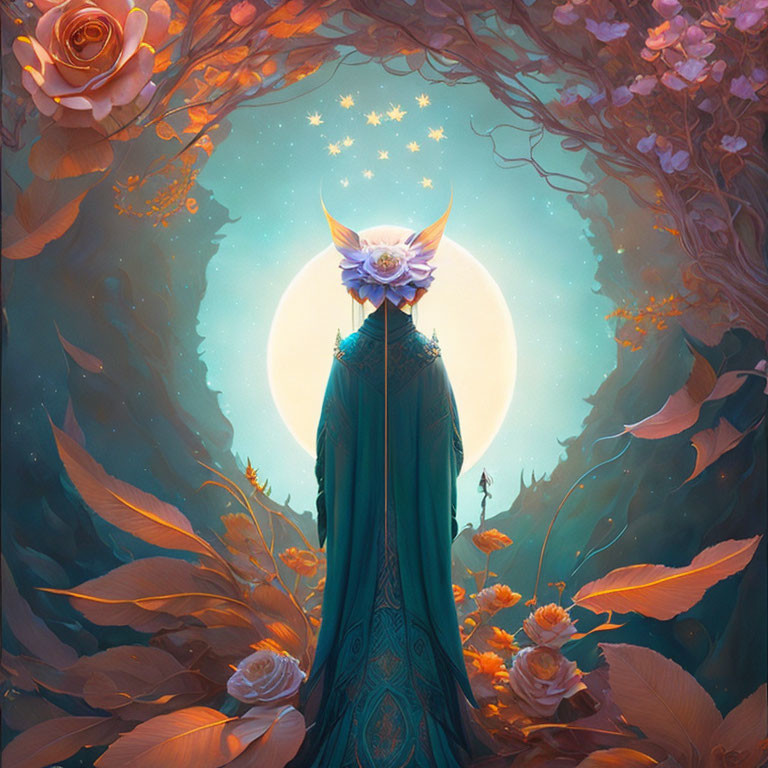 Person in teal robe gazes at full moon in enchanted forest with golden leaves and roses.
