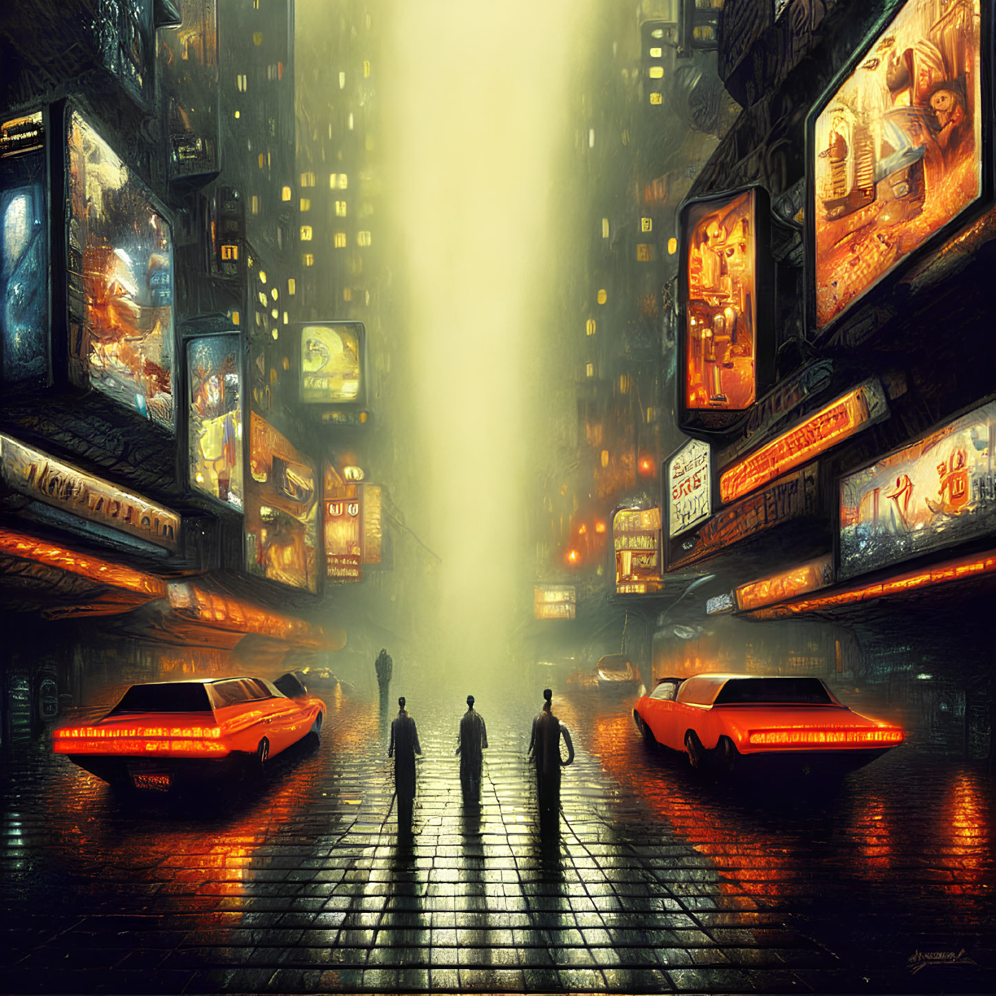 Futuristic night cityscape with glowing billboards, people, and hover cars