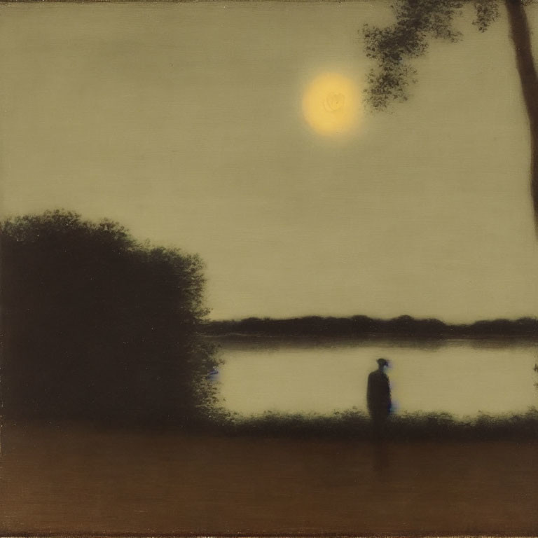 Solitary Figure by Water Under Full Moon