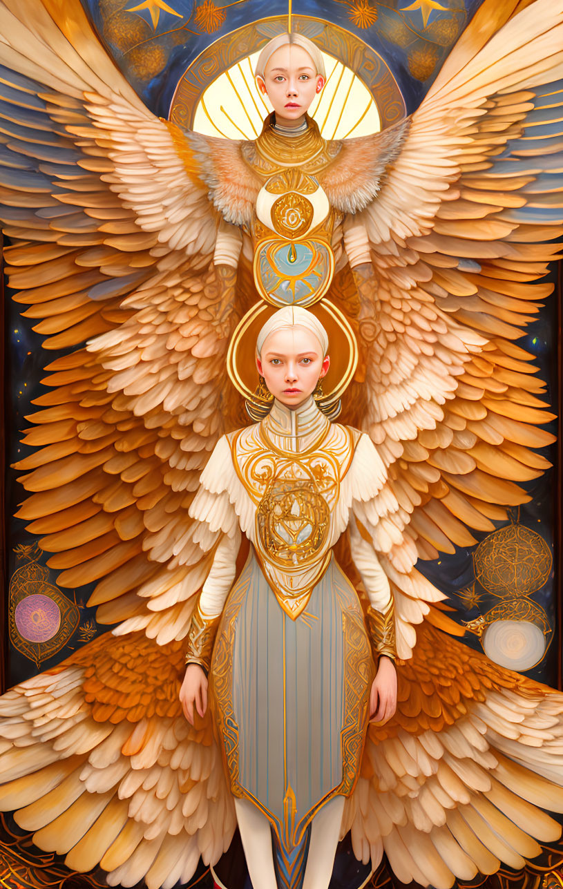 Digital Artwork: Angelic Figure with Multiple Wings and Halo