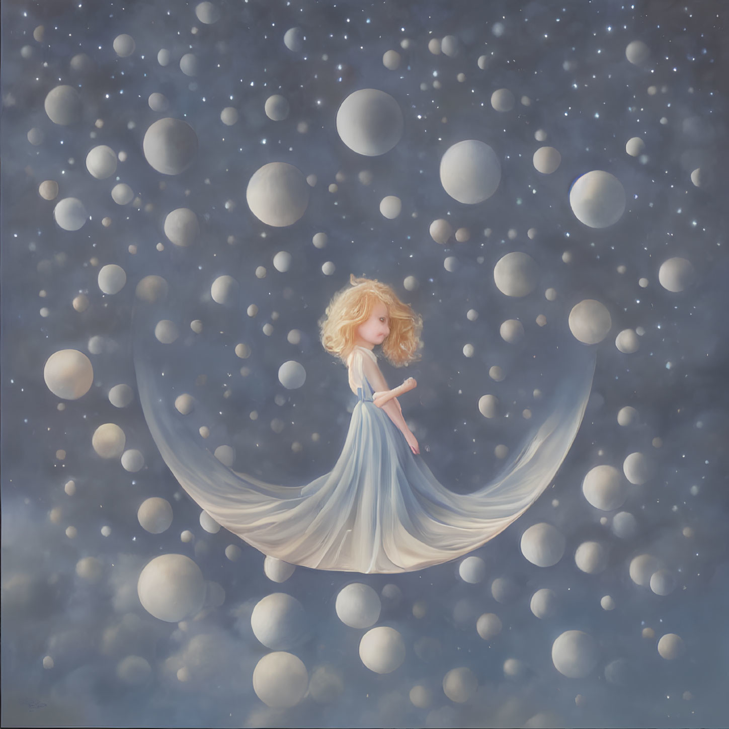 Blond girl in blue dress floating among spheres on celestial background