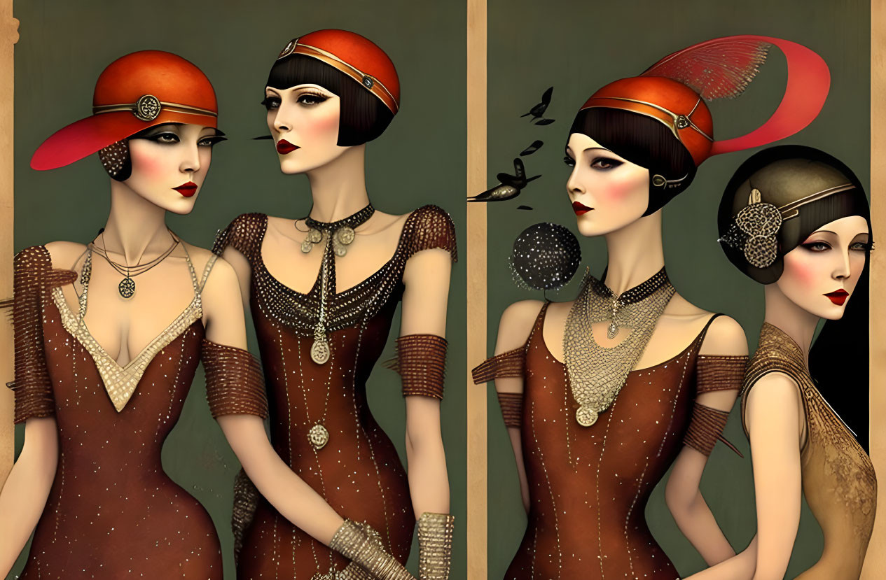 Stylized 1920s women in beaded dresses and cloche hats with feather accent,