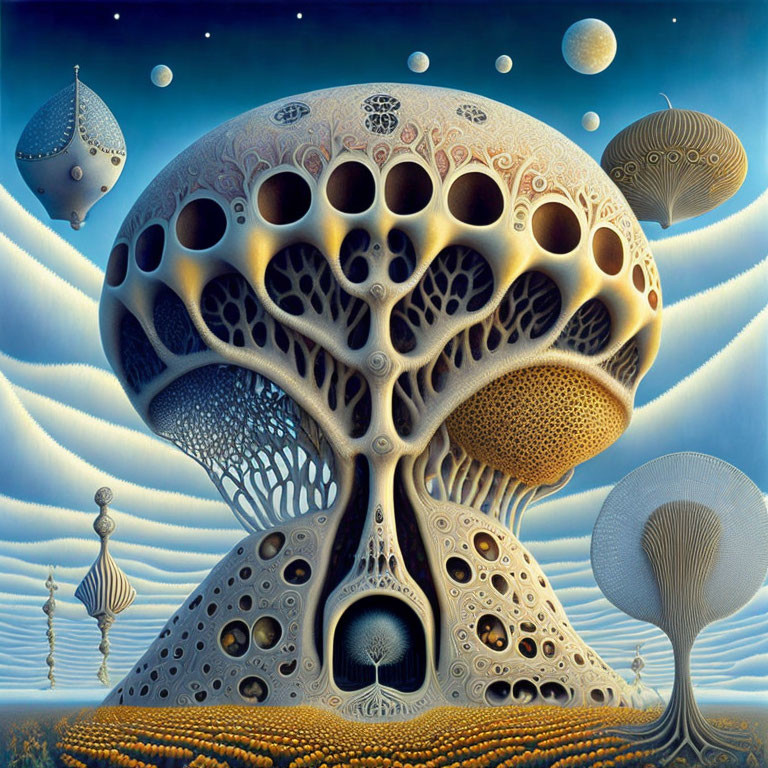 Surreal landscape featuring tree-like structure with circular voids amidst whimsical elements and celestial backdrop