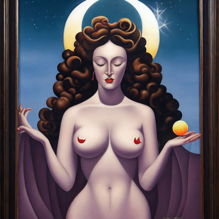 Surreal portrait of a woman with crescent moon, orange, and starry sky elements