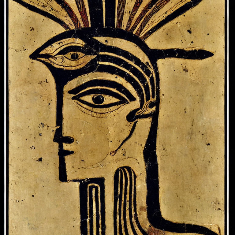 Ancient Egyptian deity profile drawing with headdress and stylized features