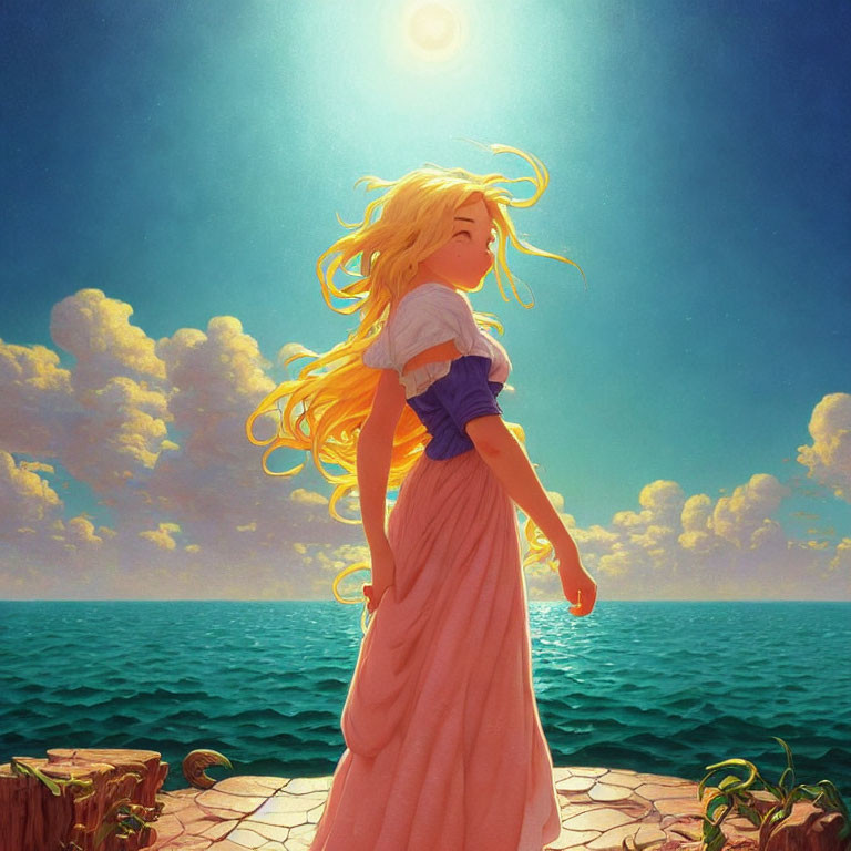 Blonde woman in pink skirt on seaside cliff under blue sky