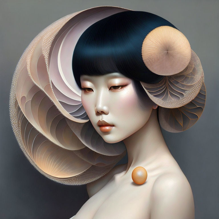 Digital Artwork: Woman with Shell-Like Headdress and Bob Haircut