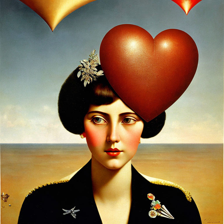 Surreal portrait of a woman with heart-shaped head and vintage style