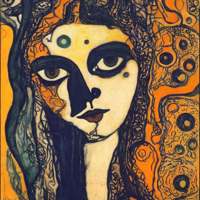 Stylized portrait of female face with prominent eyes and decorative background