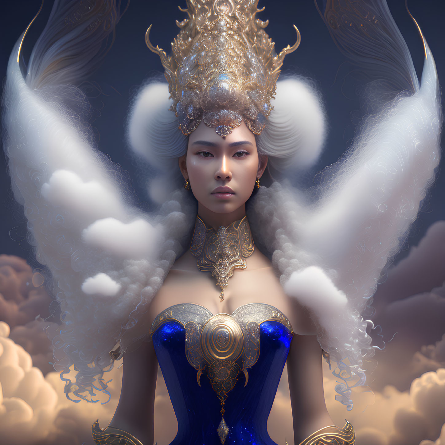 Mystical figure with golden headgear, piercing gaze, surrounded by clouds and wings