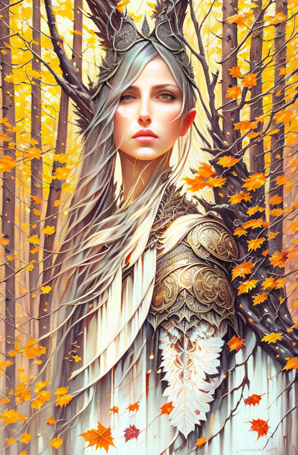 Elven queen with crown in golden autumn forest