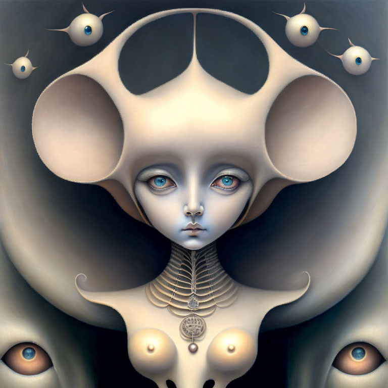 Surreal portrait with character, expressive blue eyes, expanded head, floating eyeballs