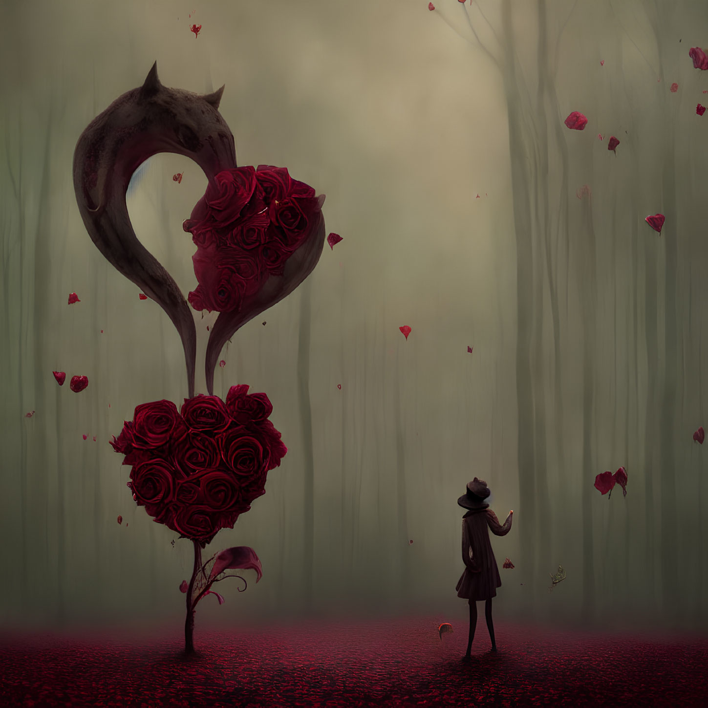 Person in Hat in Surreal Forest with Heart-Shaped Roses and Cat-Like Tail